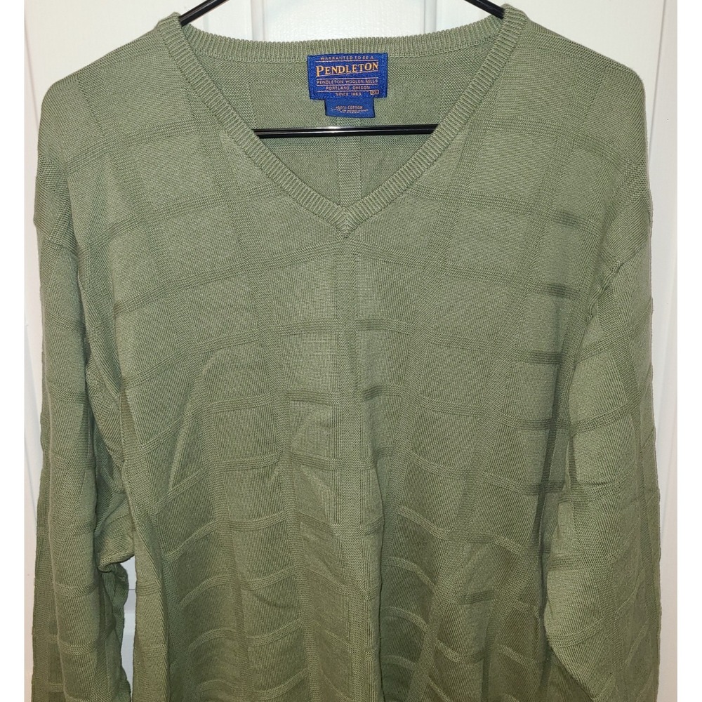 PENDLETON SWEATER Mens Window Pane V Neck Vintage 100% Cotton Sz XL Green